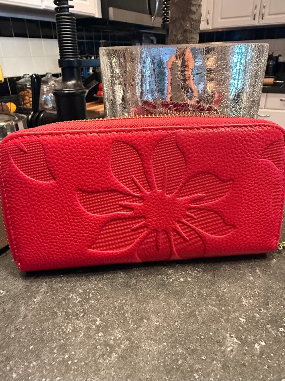 Pink leather Floral Embossed Women's Zip Wallet